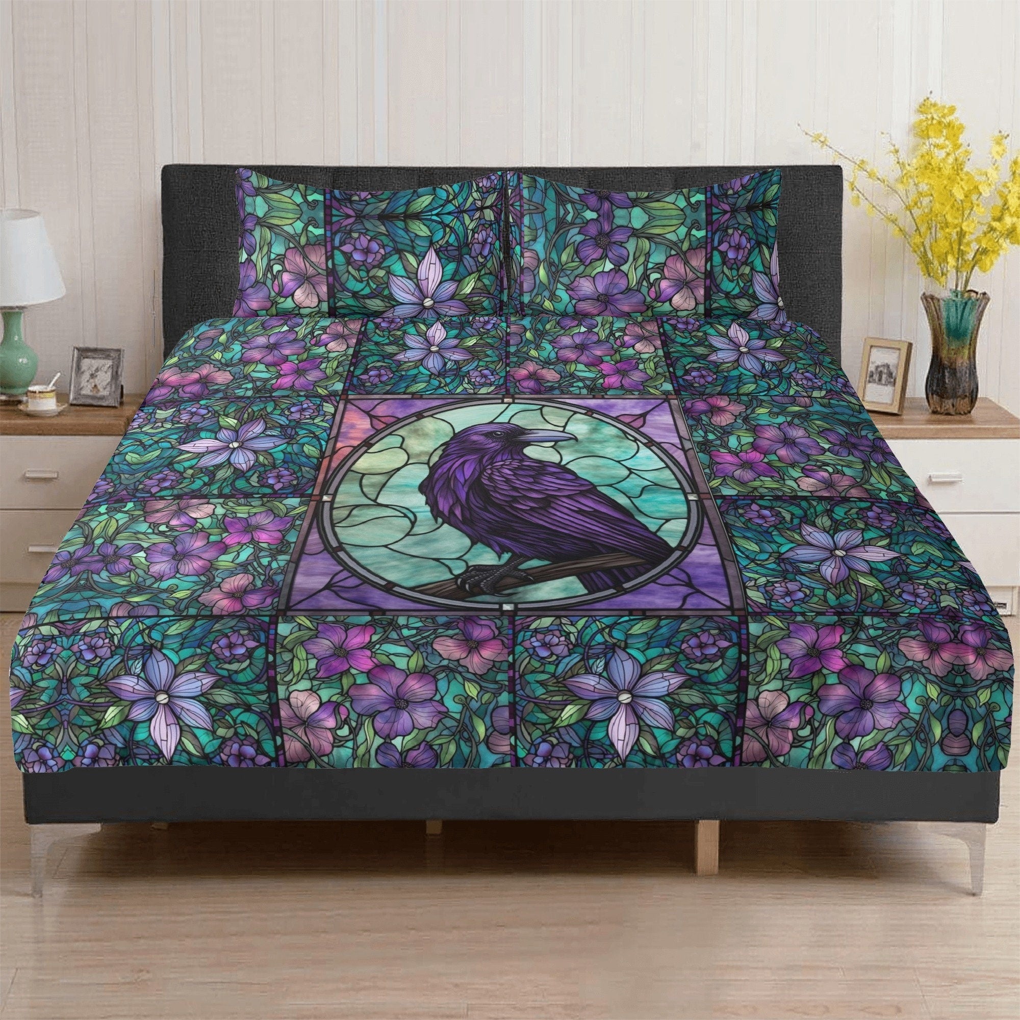 Purple Stained Glass, Moth Raven Bedding Set For Hippies