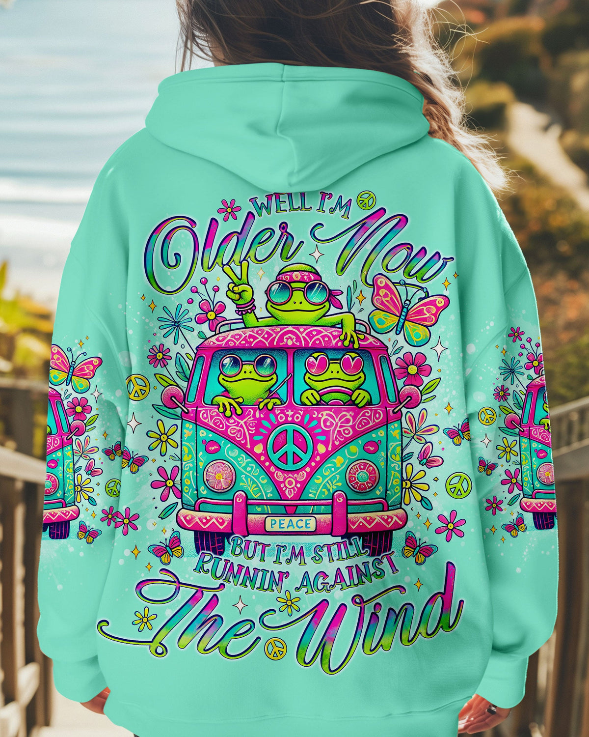 Running Against The Wind Bus Frog Hoodie Sweatshirt For Boho Hippie