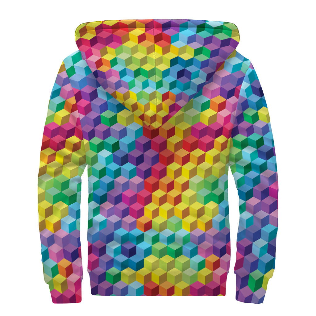 Rainbow Cubes Pattern Print Sherpa Lined Zip Up Hoodie For Boho Hippie Autism