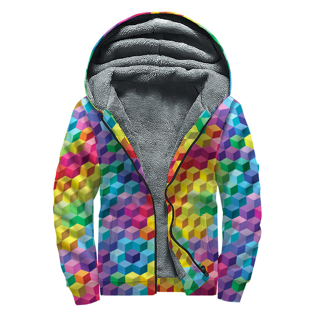 Rainbow Cubes Pattern Print Sherpa Lined Zip Up Hoodie For Boho Hippie Autism