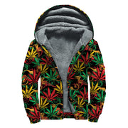Rasta Marijuana Pattern Print Sherpa Lined Zip Up Hoodie For Boho Hippie