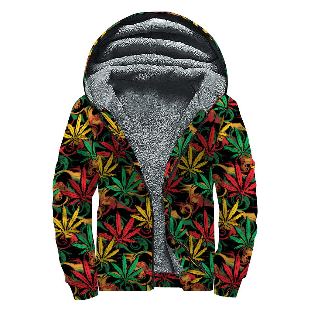 Rasta Marijuana Pattern Print Sherpa Lined Zip Up Hoodie For Boho Hippie