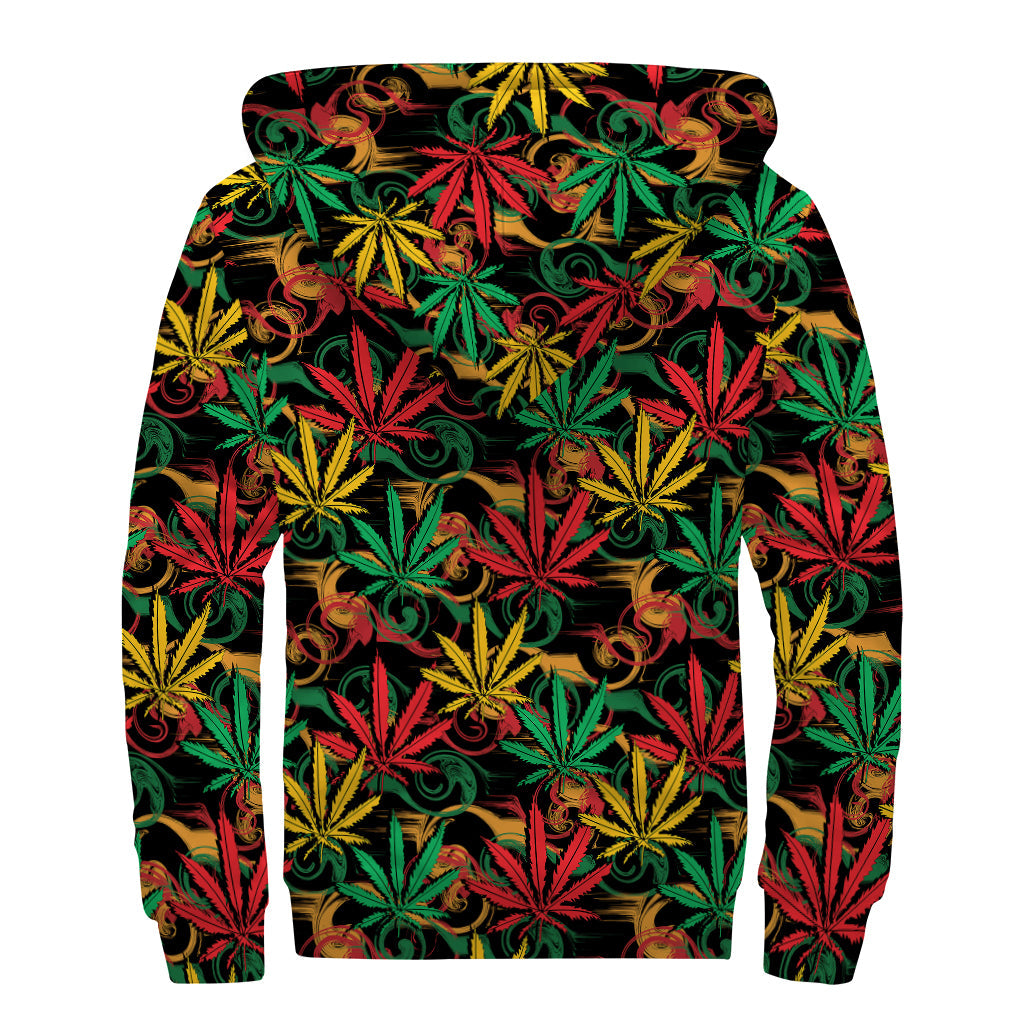 Rasta Marijuana Pattern Print Sherpa Lined Zip Up Hoodie For Boho Hippie