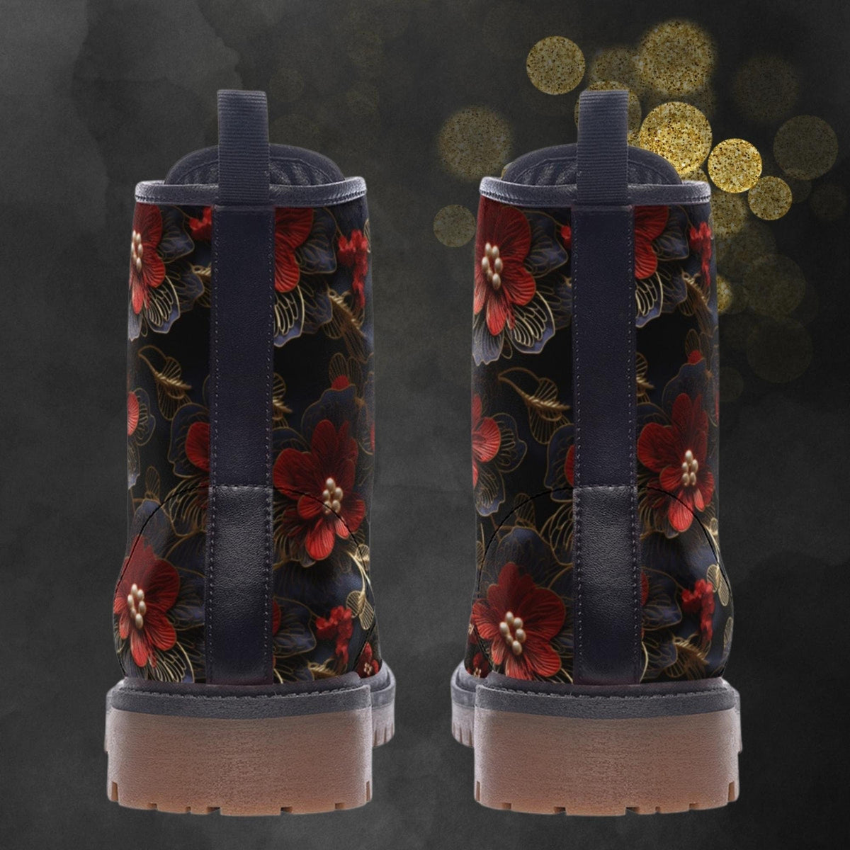 Hippie Art Zone - Red Blossom Flowers Light Vegan Leather Combat Boots For Hippies