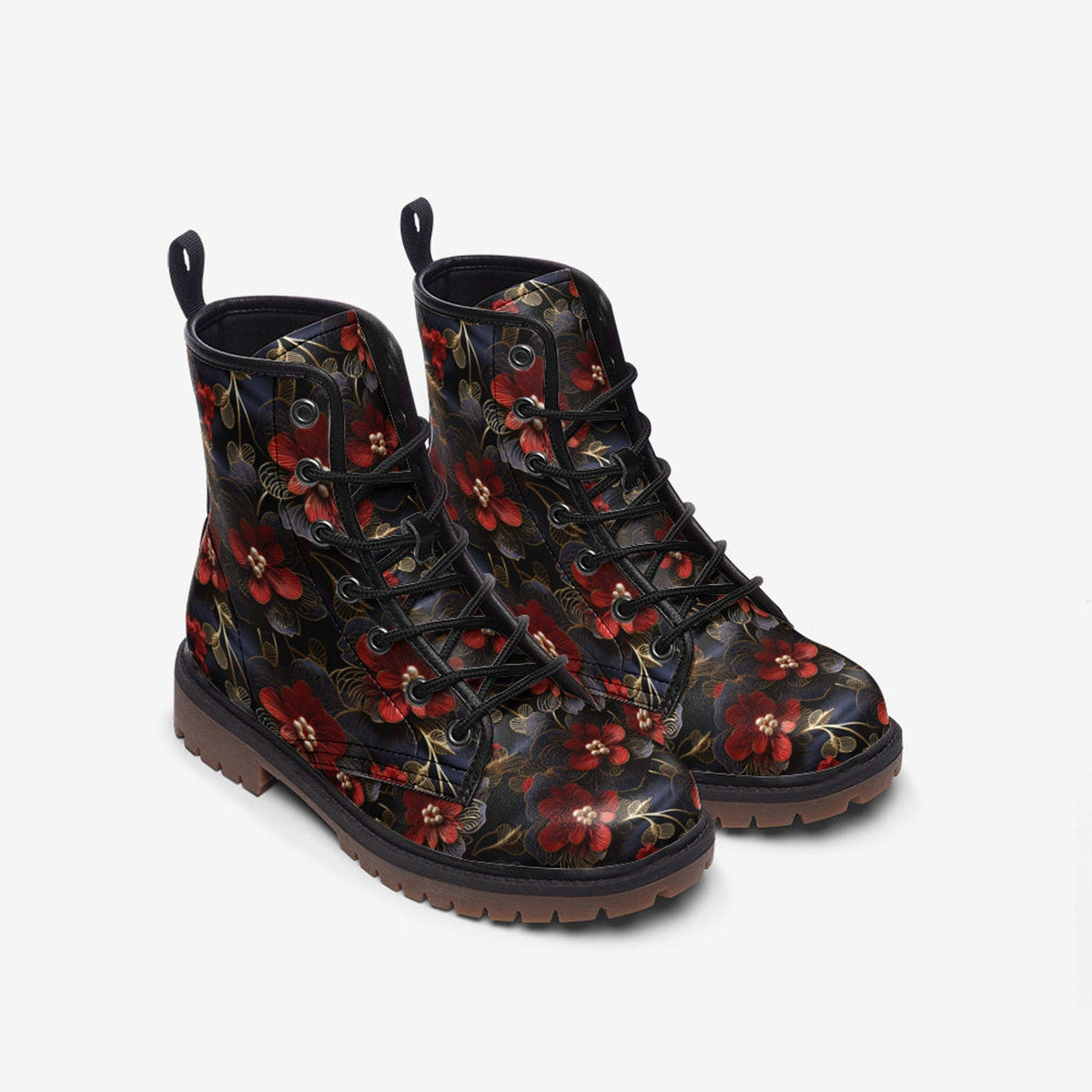 Hippie Art Zone - Red Blossom Flowers Light Vegan Leather Combat Boots For Hippies