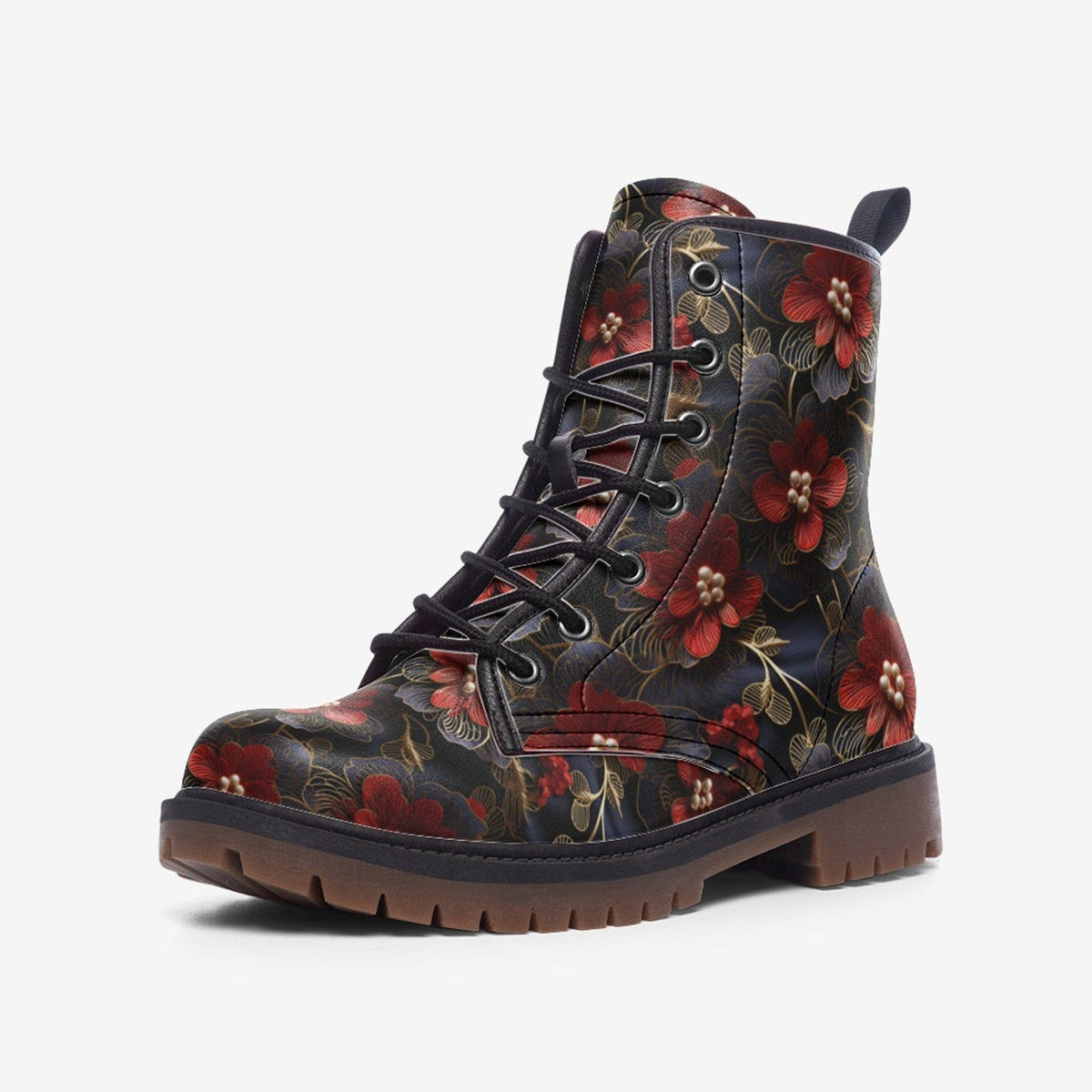 Hippie Art Zone - Red Blossom Flowers Light Vegan Leather Combat Boots For Hippies