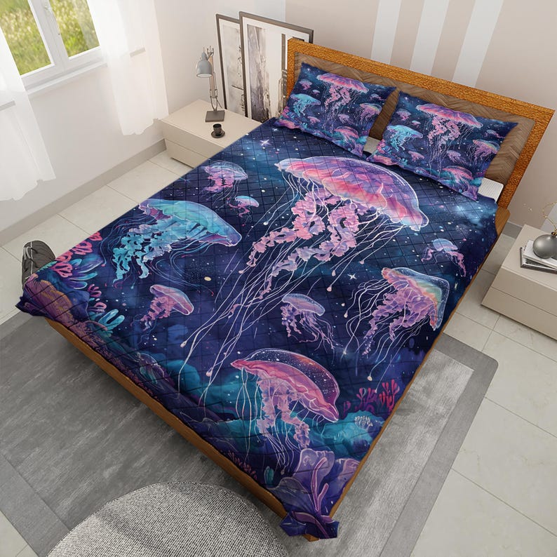 Hippie Art Zone - Retro Jellyfish Christmas Quilt Bedding Set For Hippies