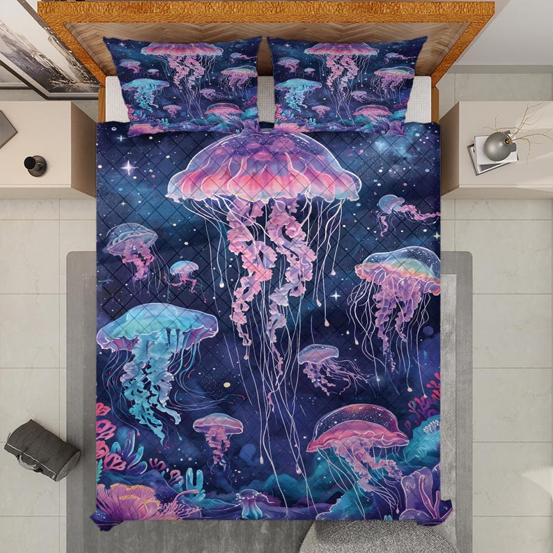 Hippie Art Zone - Retro Jellyfish Christmas Quilt Bedding Set For Hippies