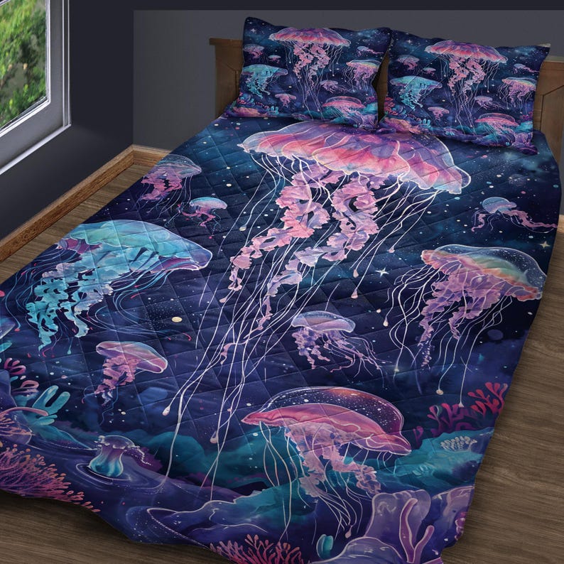 Hippie Art Zone - Retro Jellyfish Christmas Quilt Bedding Set For Hippies