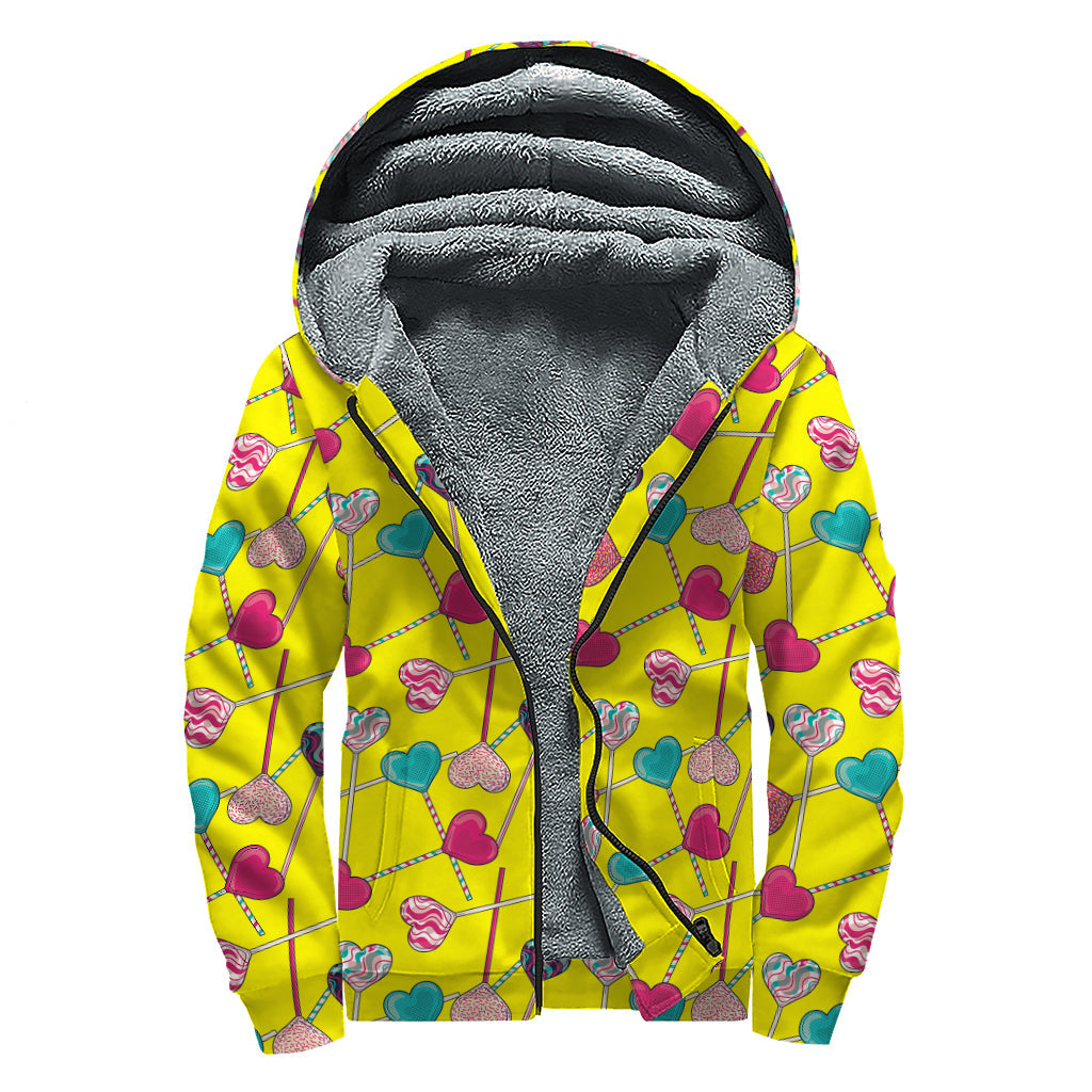 Retro Lollipop Print Sherpa Lined Zip Up Hoodie For Boho Hippie Autism