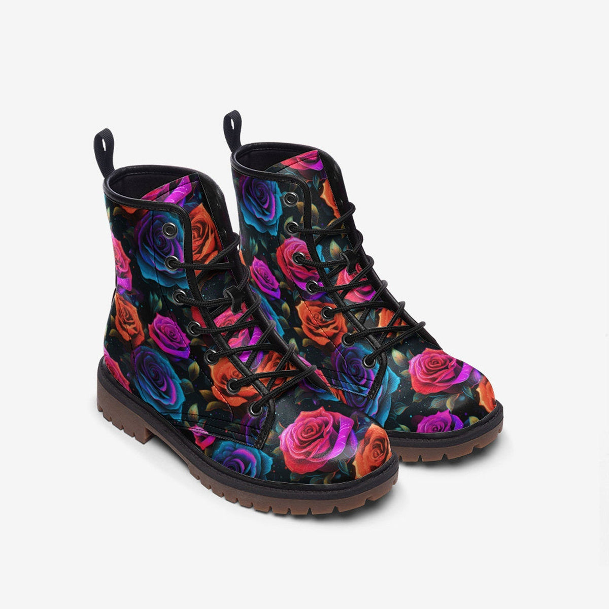 Hippie Art Zone - Rose Garden Leather Boots, Floral Roses Spring Summer Fall Winter Light Painted For Hippies