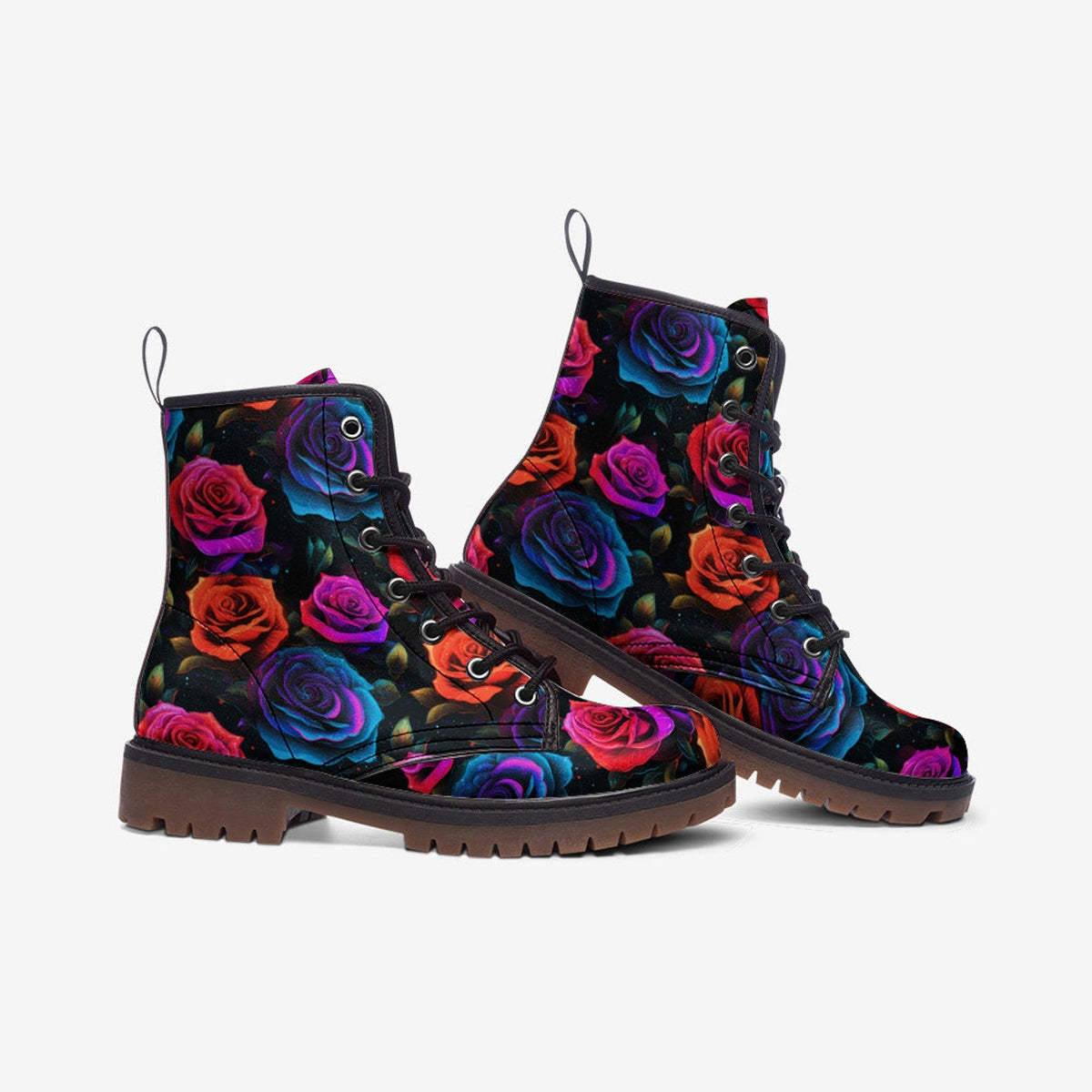 Hippie Art Zone - Rose Garden Leather Boots, Floral Roses Spring Summer Fall Winter Light Painted For Hippies