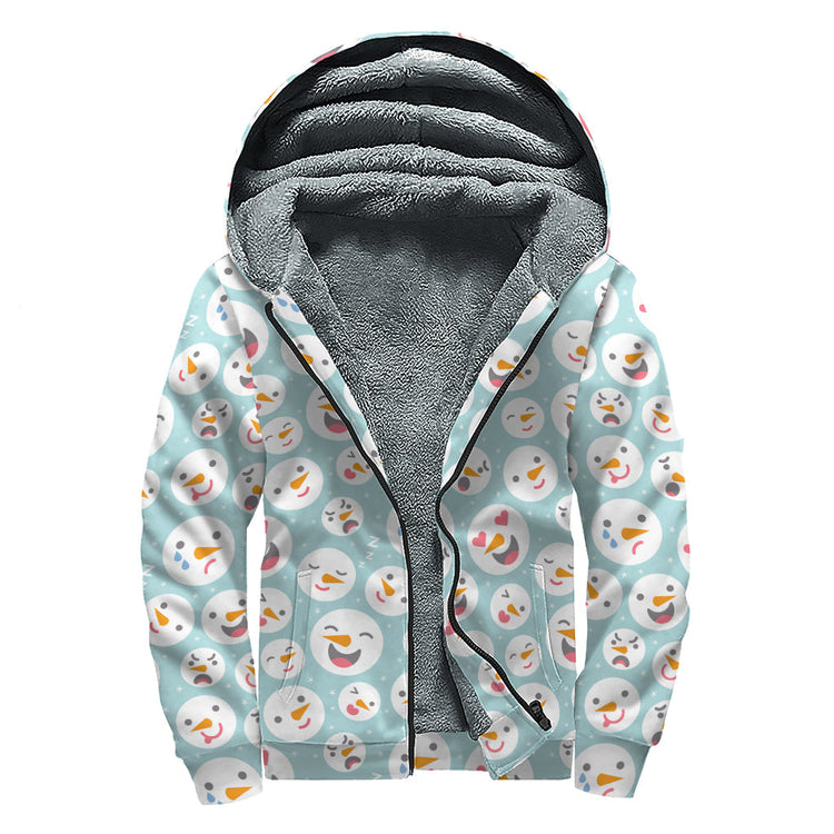 Snowman Emoji Pattern Print Sherpa Lined Zip Up Hoodie For Boho Hippie Autism