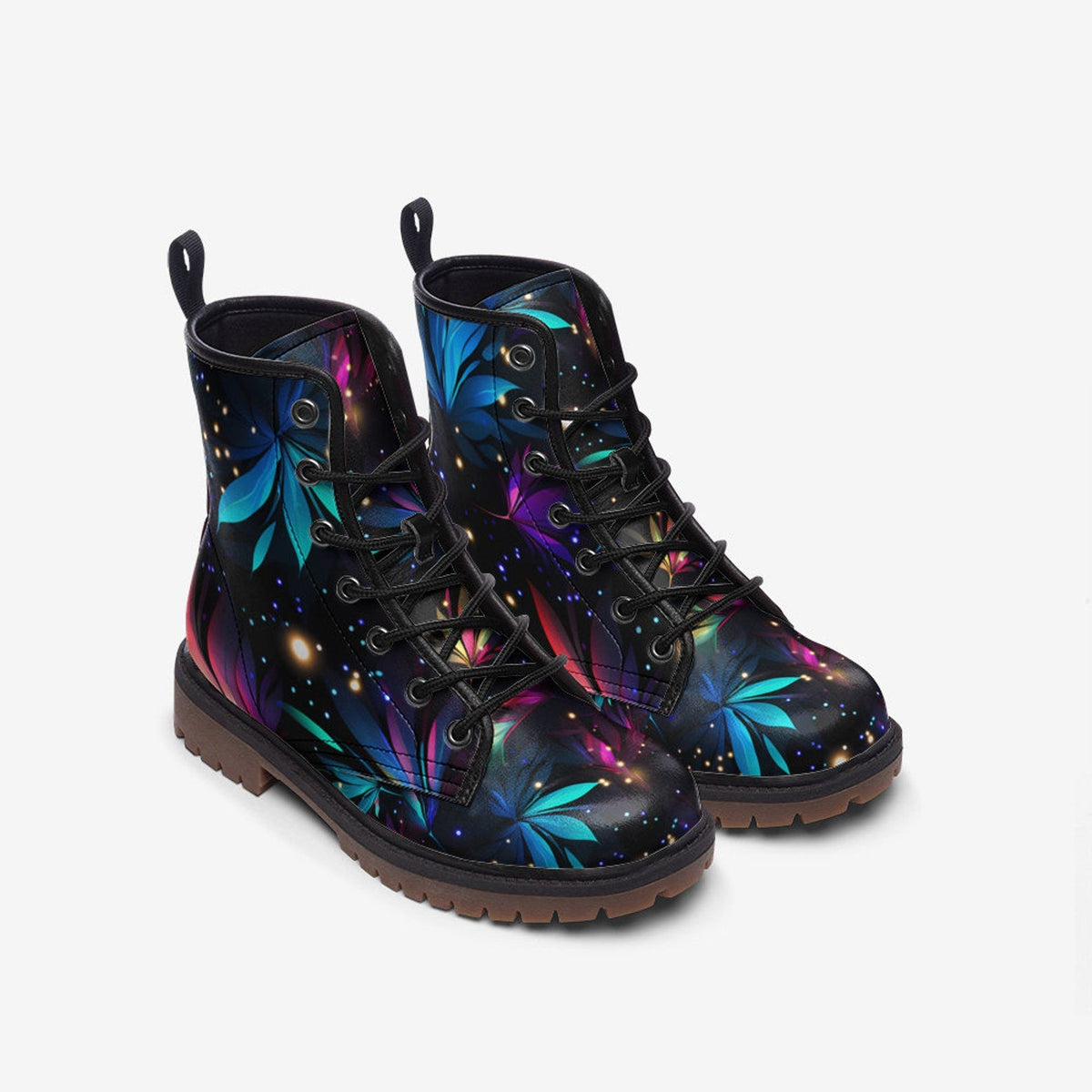 Hippie Art Zone - Sparkling Neon Flowers Painted Vegan Leather Combat Boots For Hippies