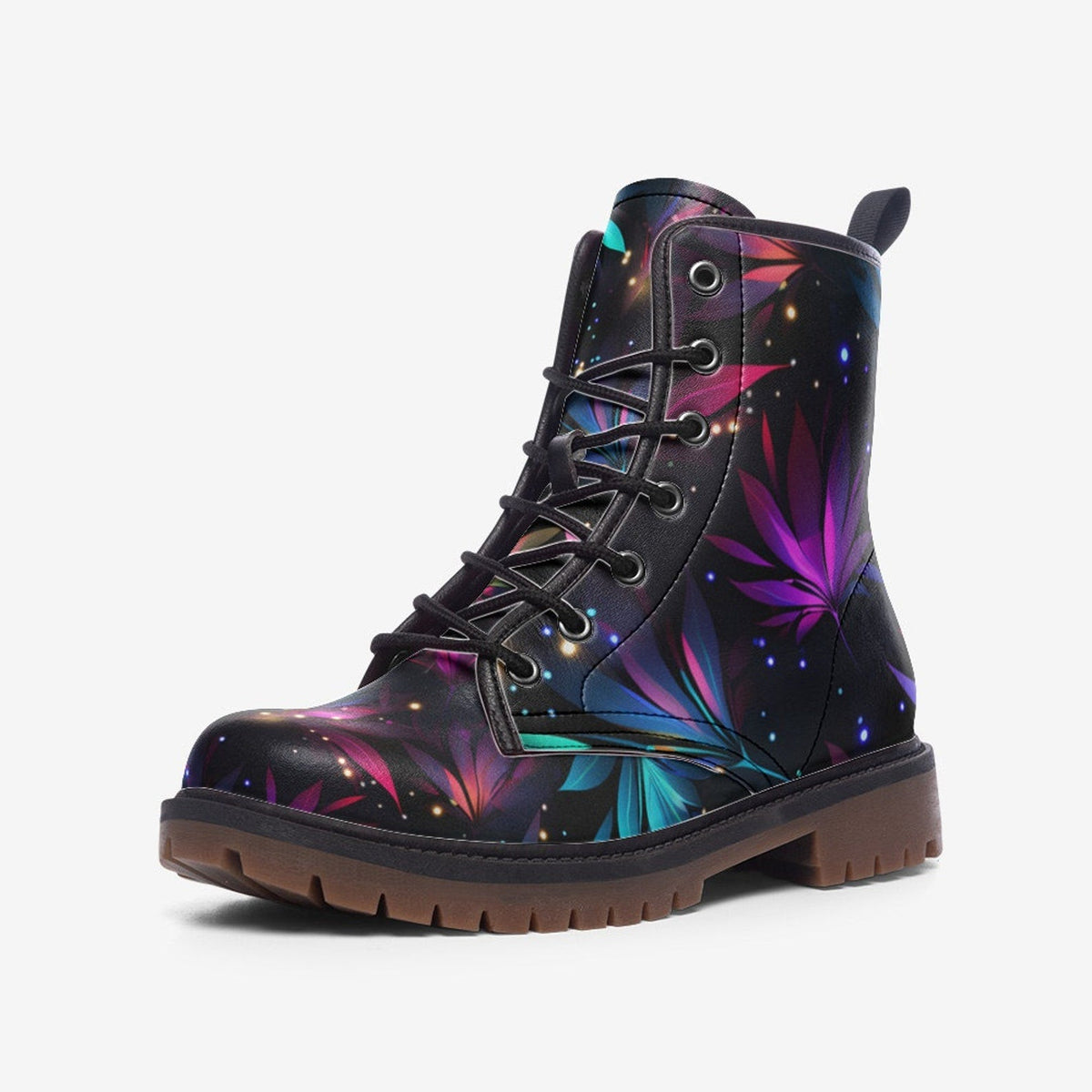 Hippie Art Zone - Sparkling Neon Flowers Painted Vegan Leather Combat Boots For Hippies