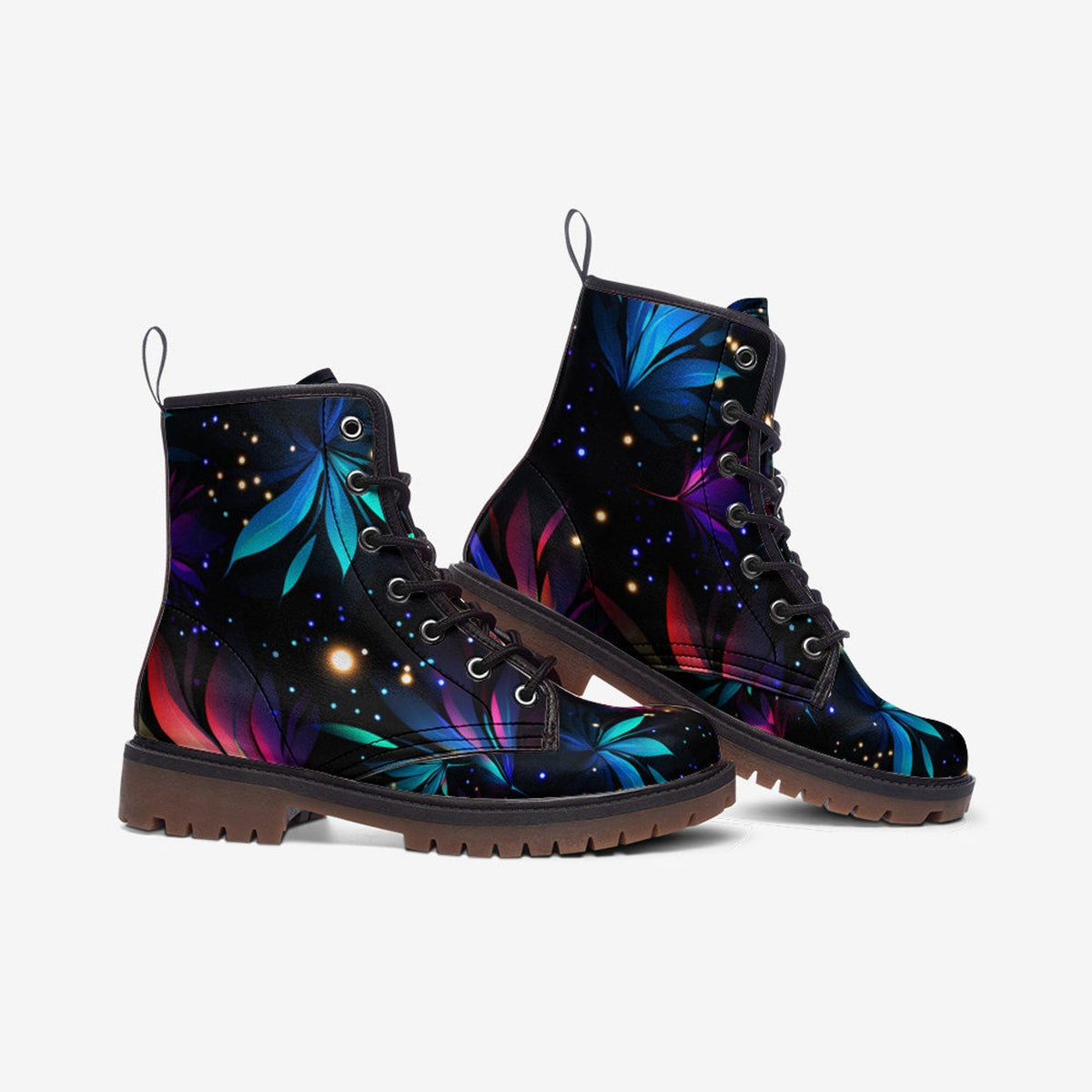 Hippie Art Zone - Sparkling Neon Flowers Painted Vegan Leather Combat Boots For Hippies