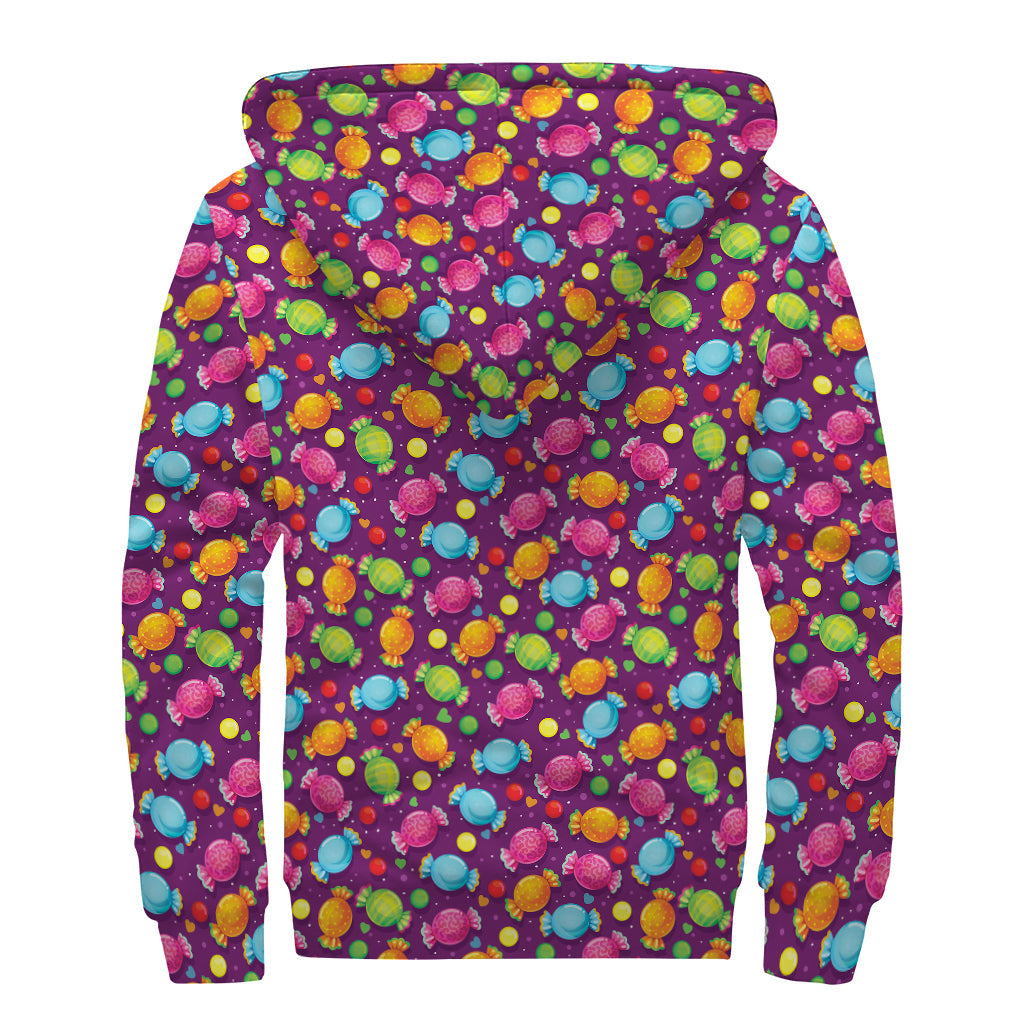 Sweet Candy Pattern Print Sherpa Lined Zip Up Hoodie For Boho Hippie Autism