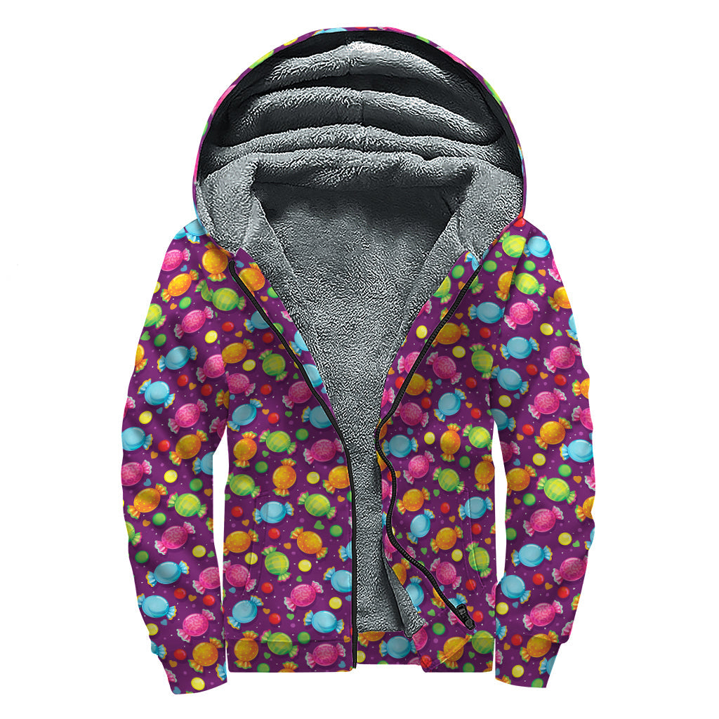 Sweet Candy Pattern Print Sherpa Lined Zip Up Hoodie For Boho Hippie Autism