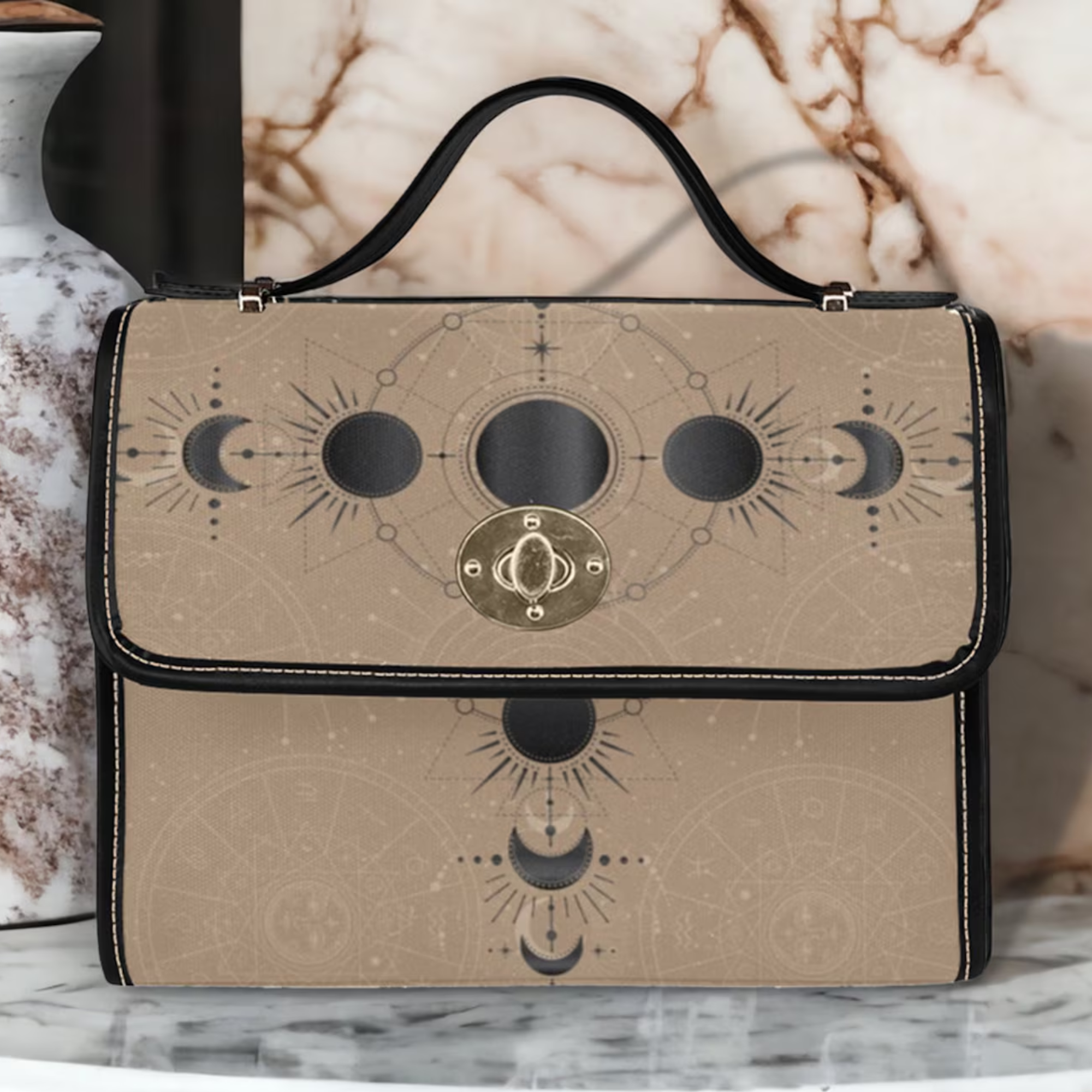Black Beige Astrology Canvas Satchel Handbag For Boho Hippie