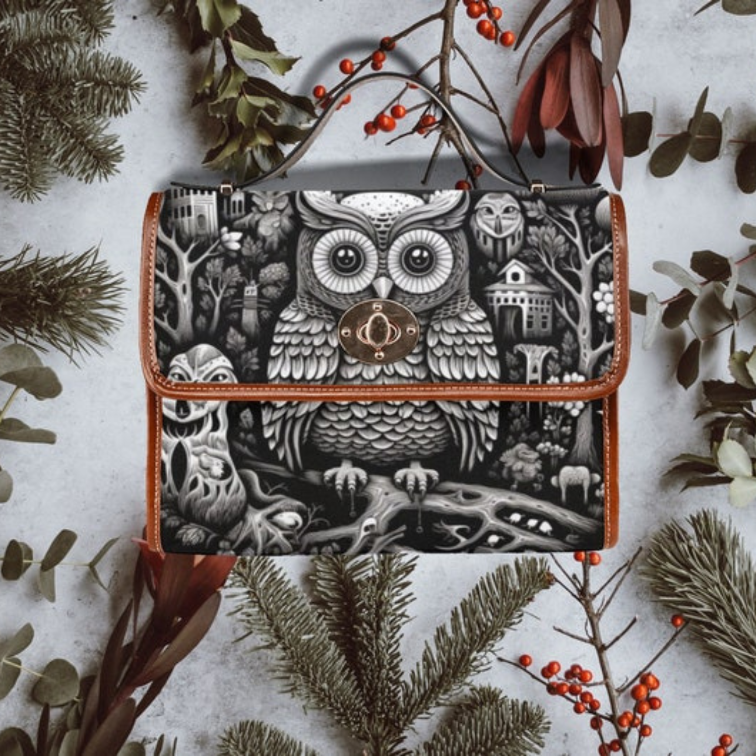Cute Owl Witch Canvas Satchel Bag For Boho Hippie