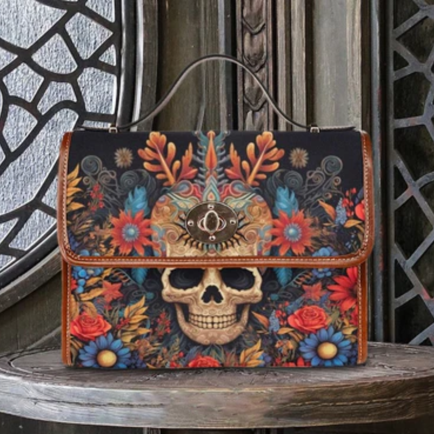 Whimsigoth Boho Skull Canvas Witchy Satchel Bag For Boho Hippie