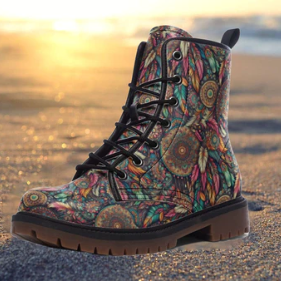 Hippie Art Zone - Groovy Boho Feathers Colorful Vegan Leather Boho Boots Festival Boots.