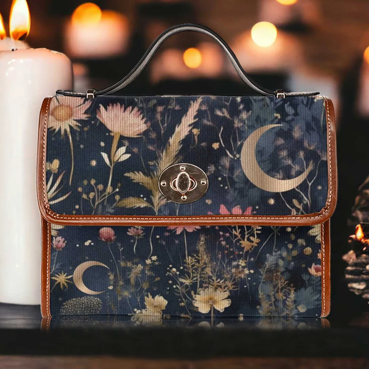 Wildflower Forest Moon Star Witchy Satchel Handbag For Boho Hippie