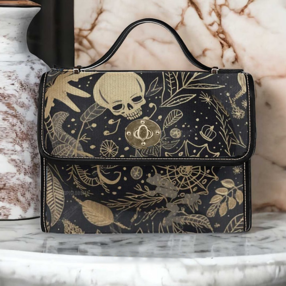 Black Gold Halloween Hand Drawn Doddle Skull Witchy Satchel Bag For Boho Hippie