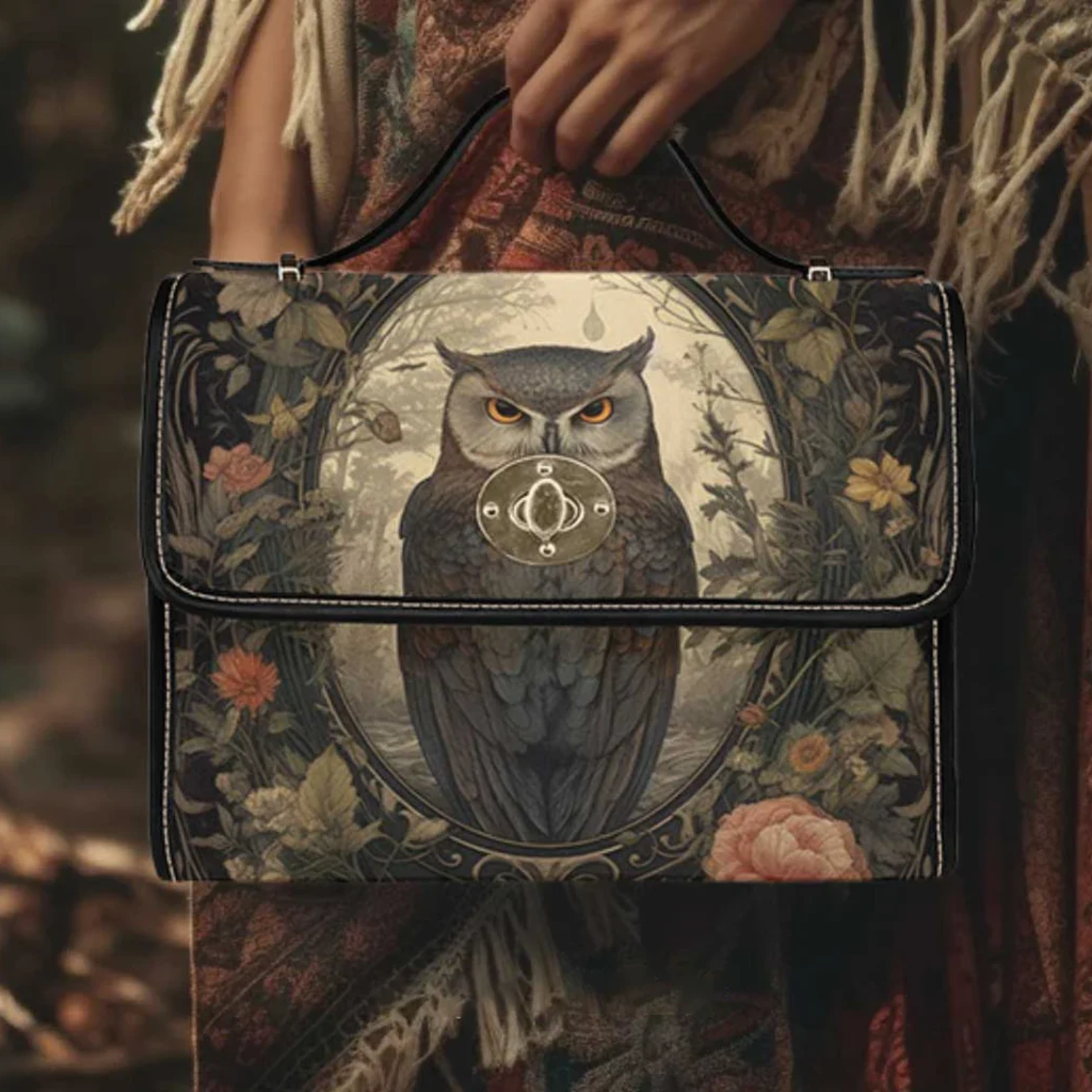 Owl Moon Dark Academia Witchy Canvas Satchel Handbag For Boho Hippie