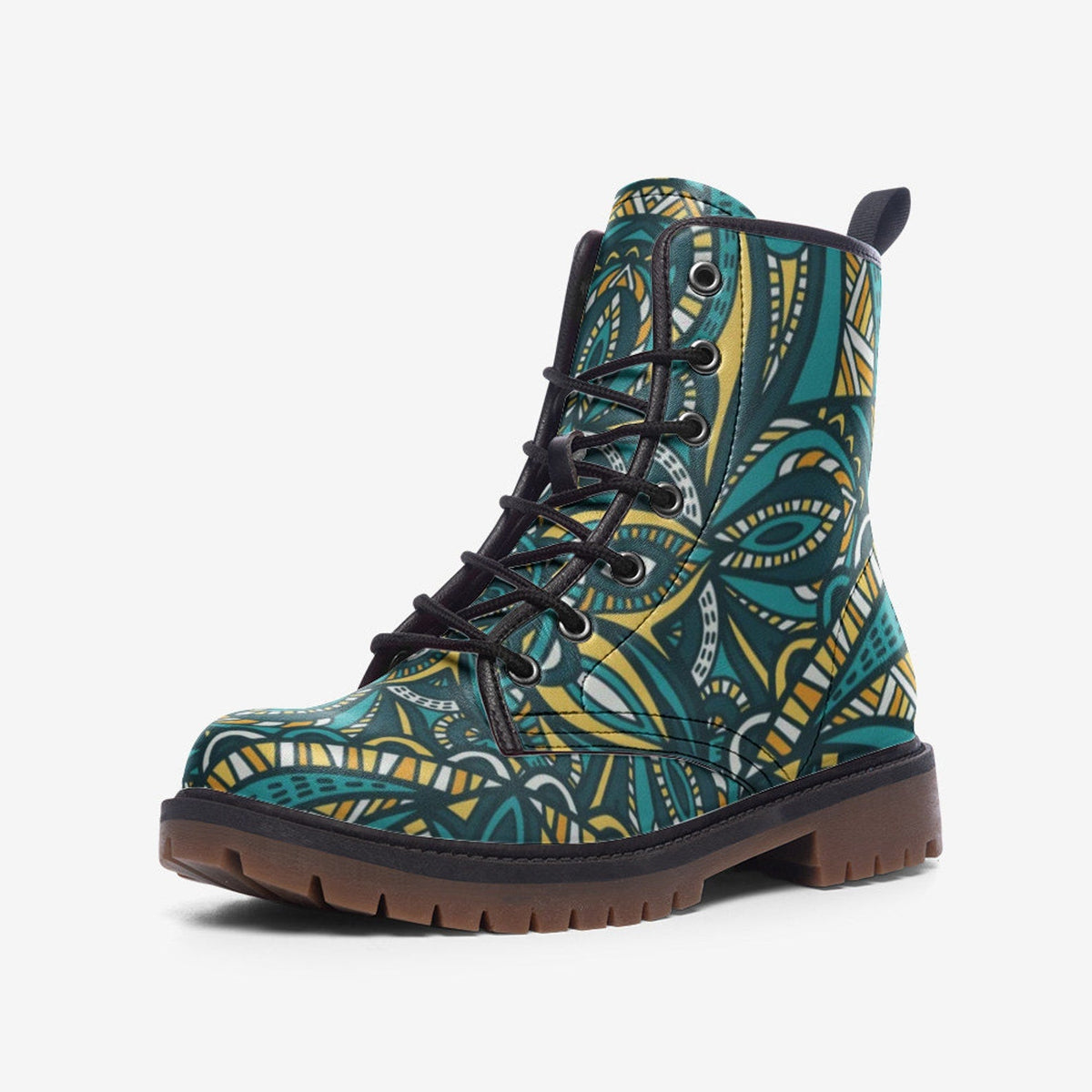 Hippie Art Zone - Tribal Mandala Vegan Leather Boots, Mandala All Season Boots For Hippies