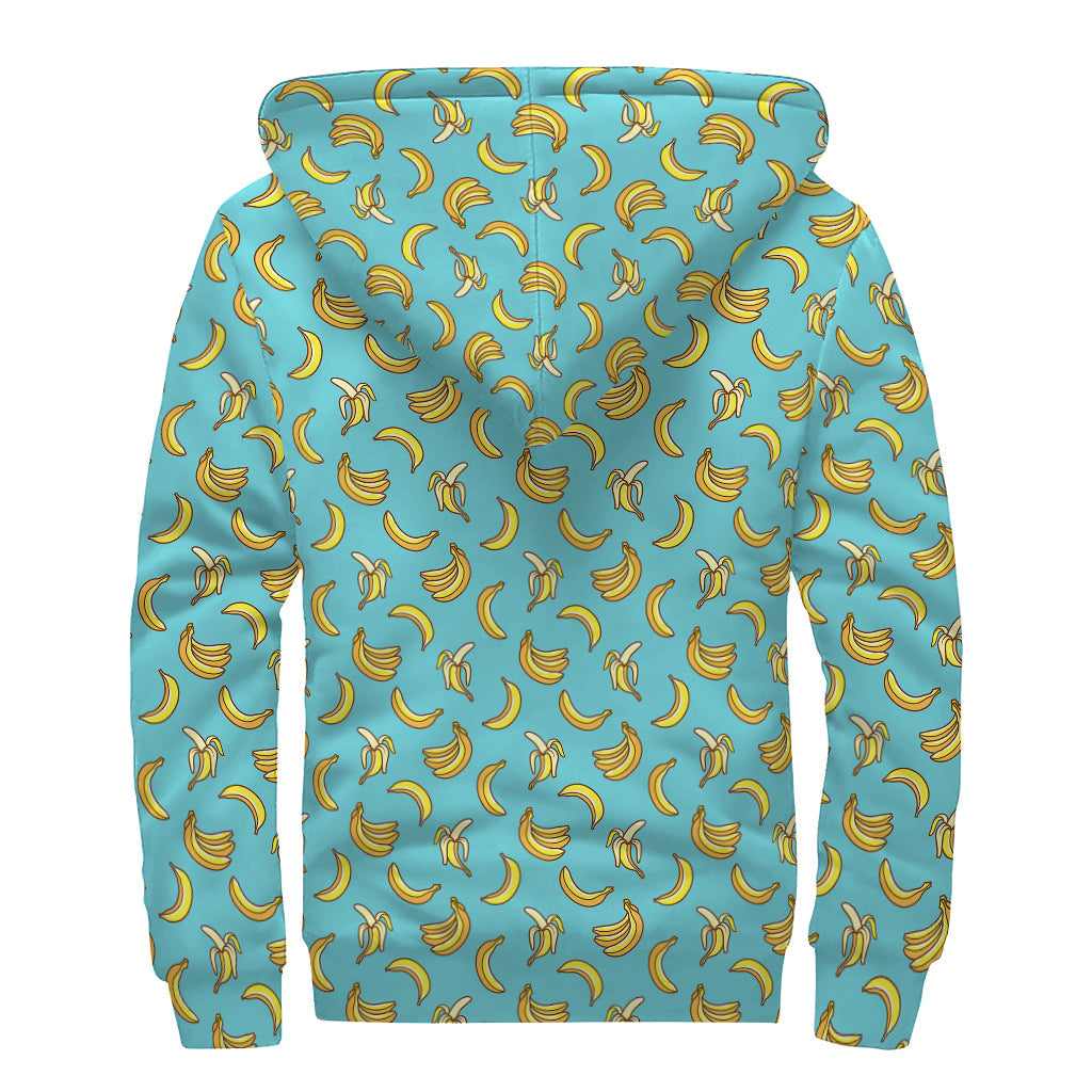 Turquoise Banana Pattern Print Sherpa Lined Zip Up Hoodie For Boho Hippie Autism