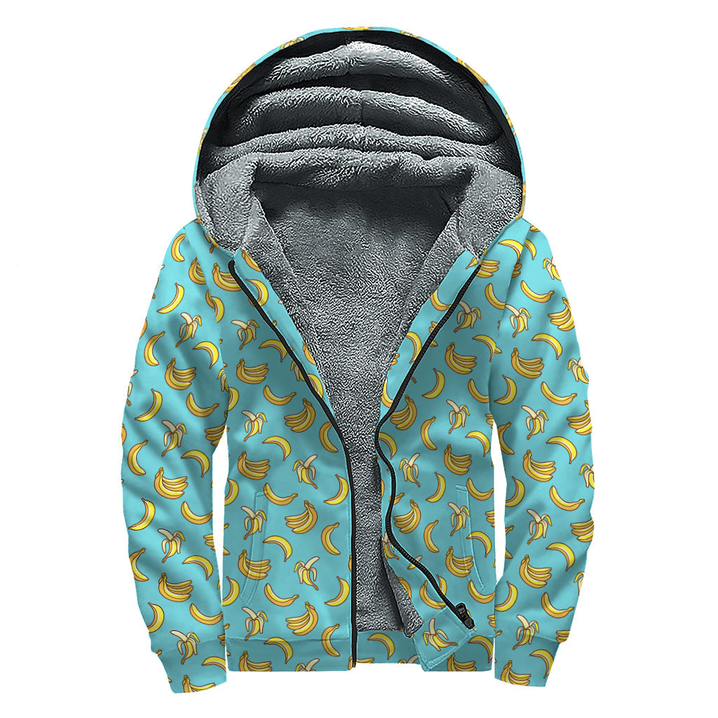 Turquoise Banana Pattern Print Sherpa Lined Zip Up Hoodie For Boho Hippie Autism