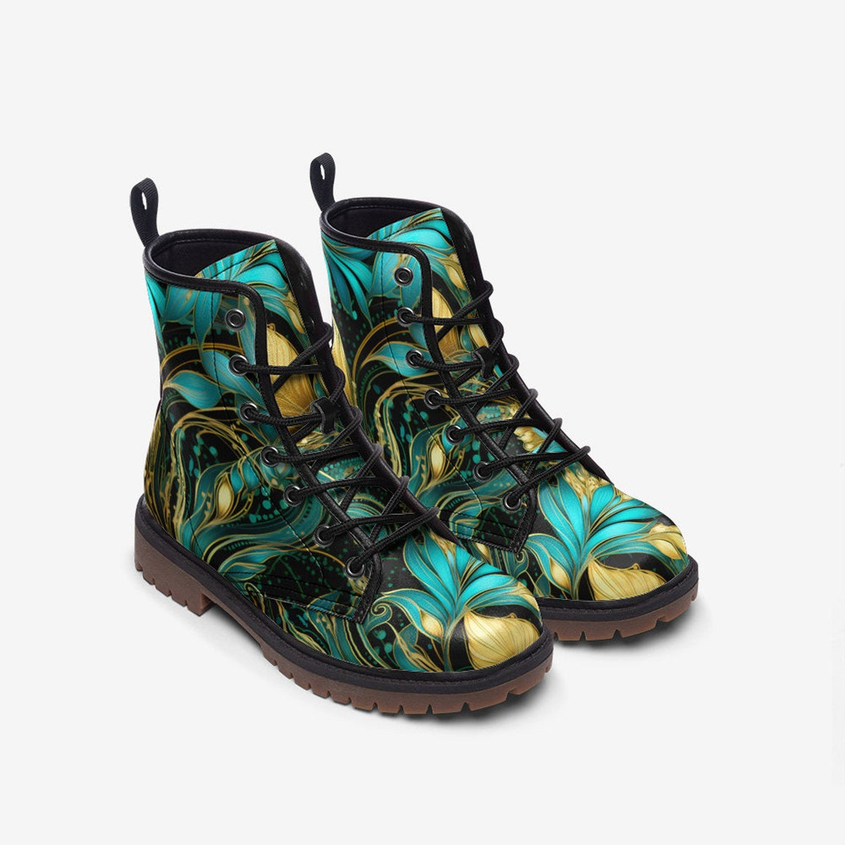 Hippie Art Zone - Turquoise Golden Leaves Casual Leather Lightweight Boots For Hippies