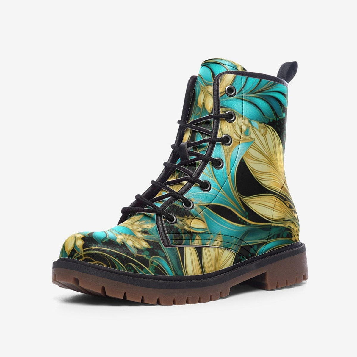 Hippie Art Zone - Turquoise Golden Leaves Casual Leather Lightweight Boots For Hippies