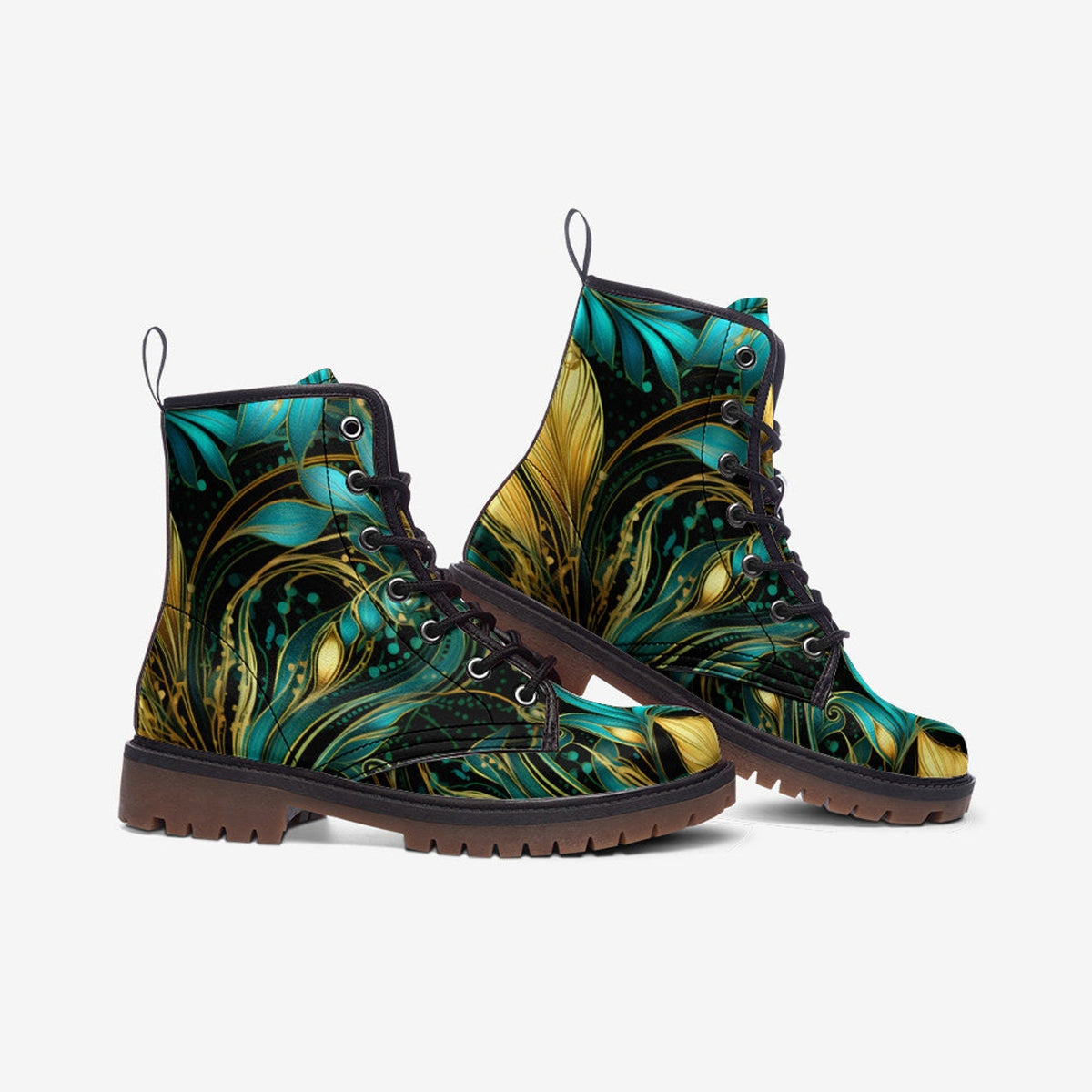 Hippie Art Zone - Turquoise Golden Leaves Casual Leather Lightweight Boots For Hippies