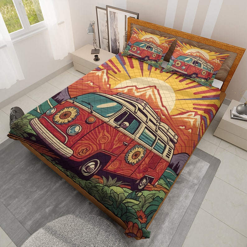 Hippie Art Zone - Vintage Campervan Christmas Quilt Bedding Set For Hippies