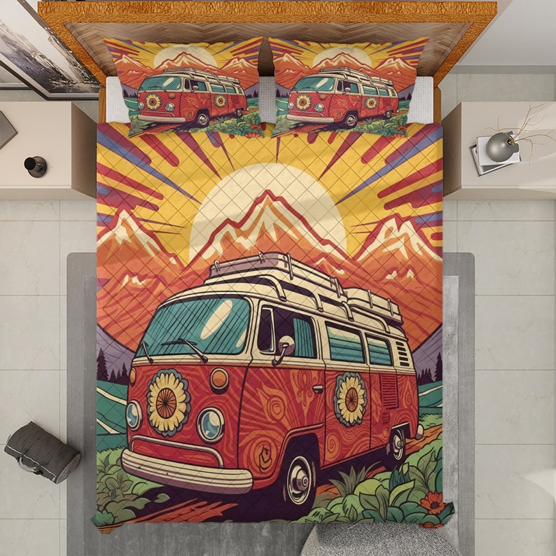 Hippie Art Zone - Vintage Campervan Christmas Quilt Bedding Set For Hippies