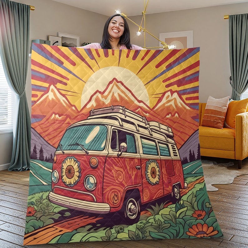 Hippie Art Zone - Vintage Campervan Christmas Quilt Bedding Set For Hippies