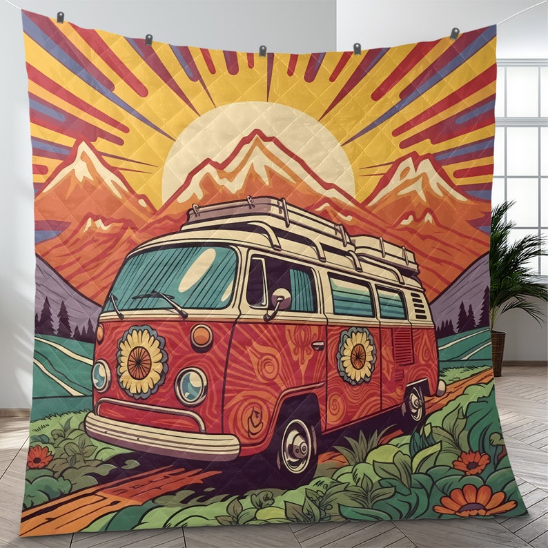 Hippie Art Zone - Vintage Campervan Christmas Quilt Bedding Set For Hippies