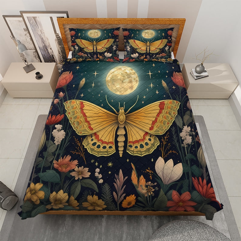 Hippie Art Zone - Vintage Celestial Moon Butterfly Quilt Bedding Set For Hippie