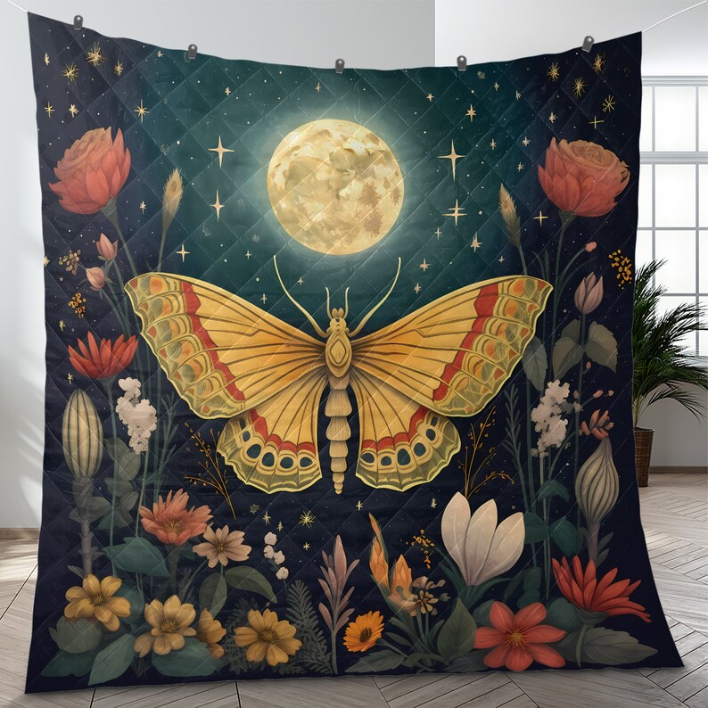Hippie Art Zone - Vintage Celestial Moon Butterfly Quilt Bedding Set For Hippie