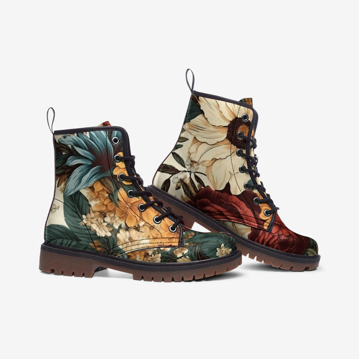 Hippie Art Zone - Vintage Flowers Vegan Leather Combat Boots For Hippies