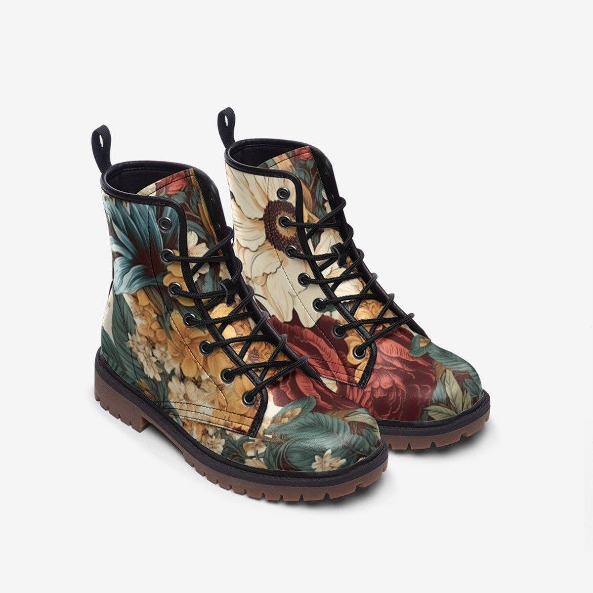 Hippie Art Zone - Vintage Flowers Vegan Leather Combat Boots For Hippies