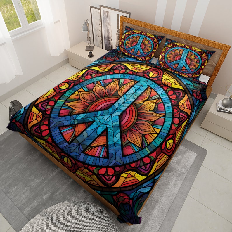 Hippie Art Zone - Vintage Peace Sign Hippie Style Christmas Quilt Bedding Set