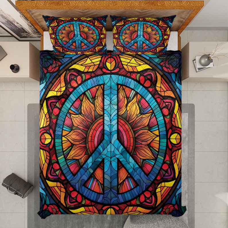 Hippie Art Zone - Vintage Peace Sign Hippie Style Christmas Quilt Bedding Set