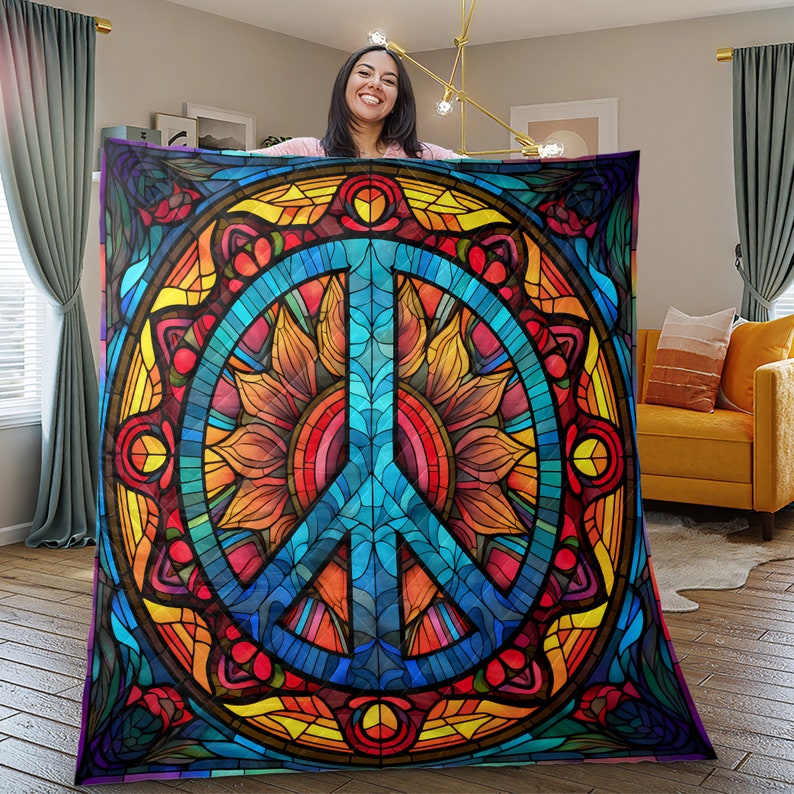 Hippie Art Zone - Vintage Peace Sign Hippie Style Christmas Quilt Bedding Set