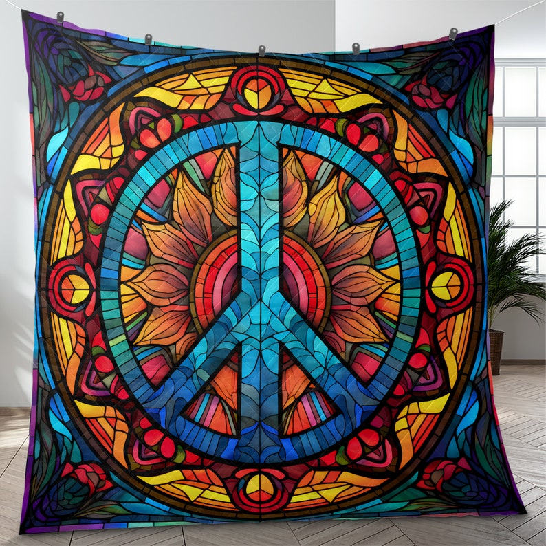 Hippie Art Zone - Vintage Peace Sign Hippie Style Christmas Quilt Bedding Set