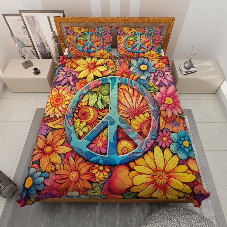 Hippie Art Zone - Vintage Sunflower Peace Hippie Style Bedding Set