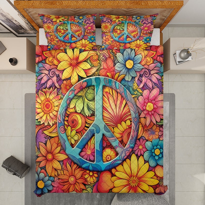 Hippie Art Zone - Vintage Sunflower Peace Hippie Style Bedding Set
