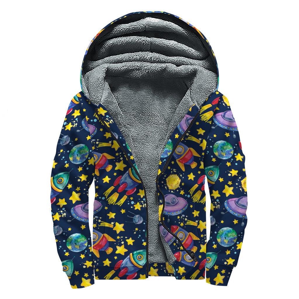 Watercolor Rocket Pattern Print Sherpa Lined Zip Up Hoodie For Boho Hippie Autism